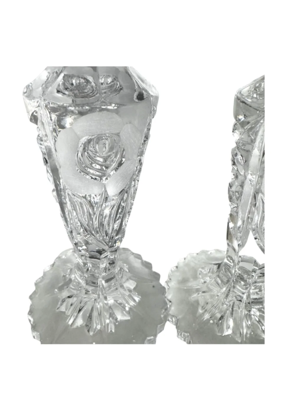 2 Clear Glass Single Candlestick Holders One Size Frosted Rose Ornate flower